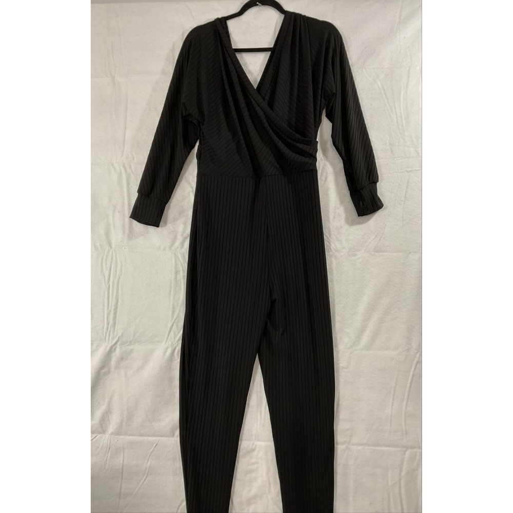 Jumpsuit Womens Medium Black Long‎ Sleeve V Neck Ribbed Knit Pleated Stretch